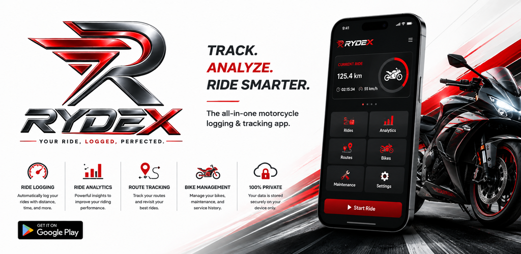 RYDEX Motorcycle & Ride Management App Feature Banner