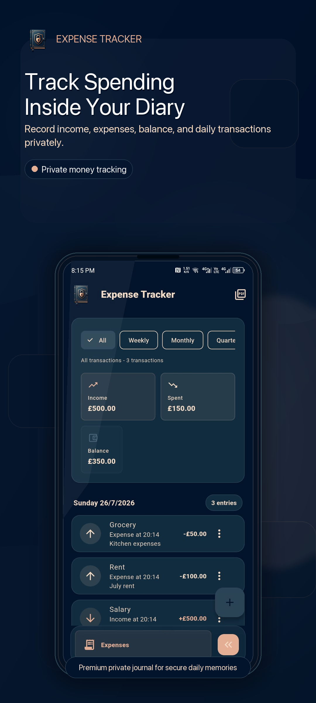 Secret Diary Expense Tracker Interface
