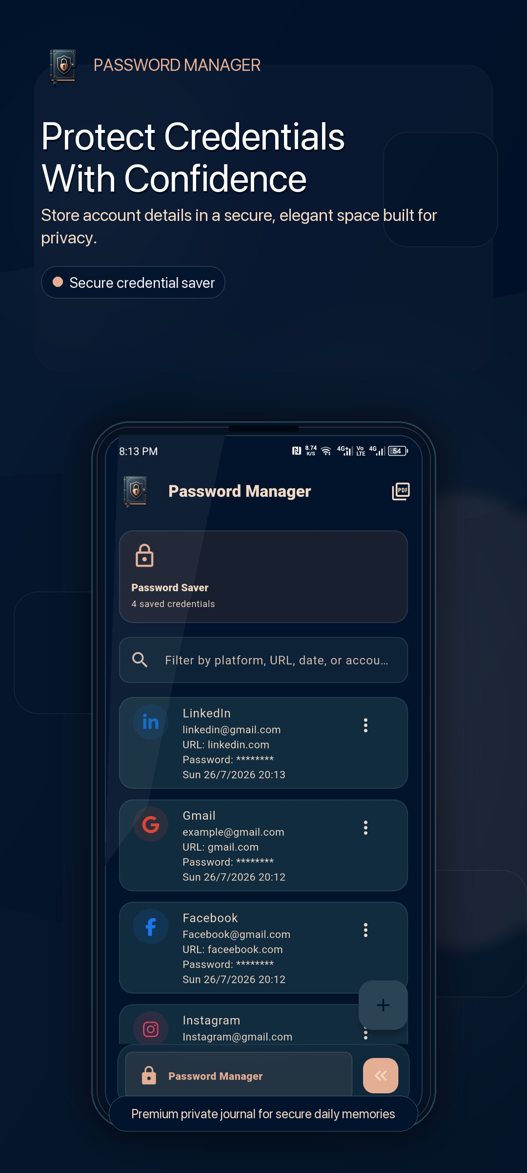 Secret Diary Password Manager Interface
